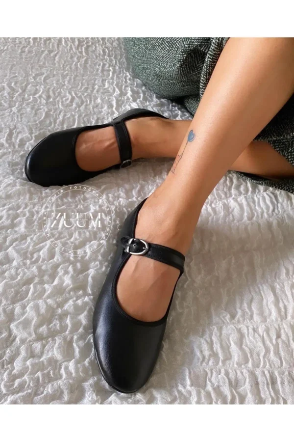 بیس مری جین بالرین بالرین تخت زنانه - چرم مشکی - 1290