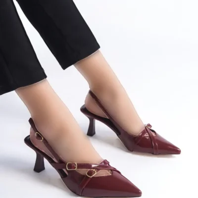 گیلاس قرمز Claret قرمز لاکی چرم نوک تیز سگک کفش پاشنه دار - 424
