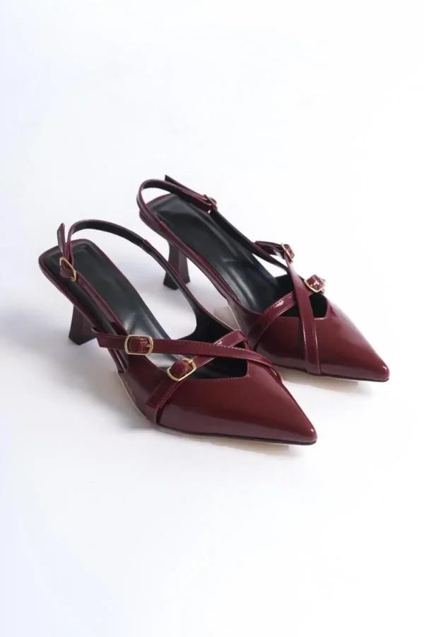 گیلاس قرمز Claret قرمز لاکی چرم نوک تیز سگک کفش پاشنه دار - 424