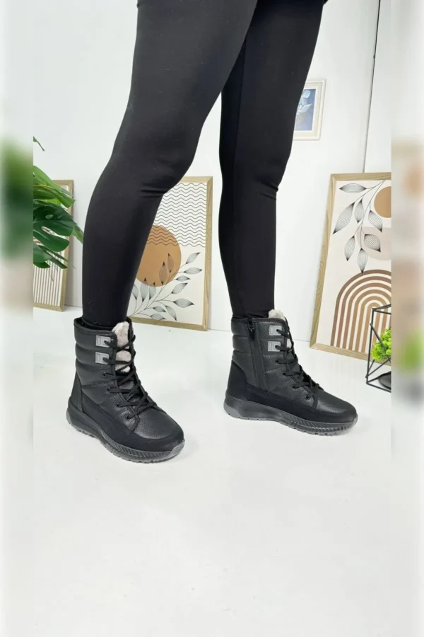 چکمه های برفی زنانه مشکی دودی Shearling زنانه بنددار زیپ دار راحت و راحت 815 - 1032