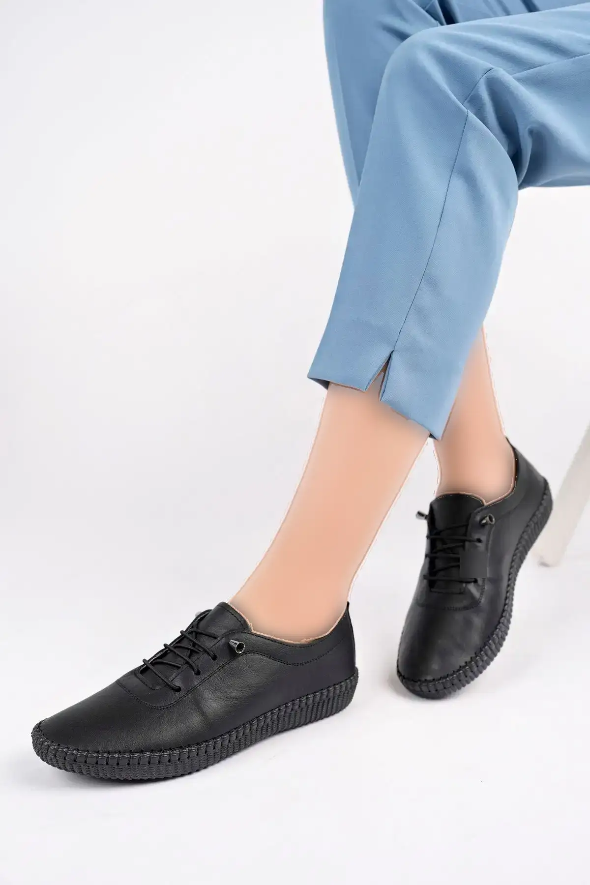 کفش راحتی زنانه چرم مشکی چرم اصل Dp62-8001 - 1208