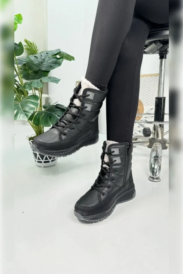 چکمه های برفی زنانه مشکی دودی Shearling زنانه بنددار زیپ دار راحت و راحت 815 - 1032
