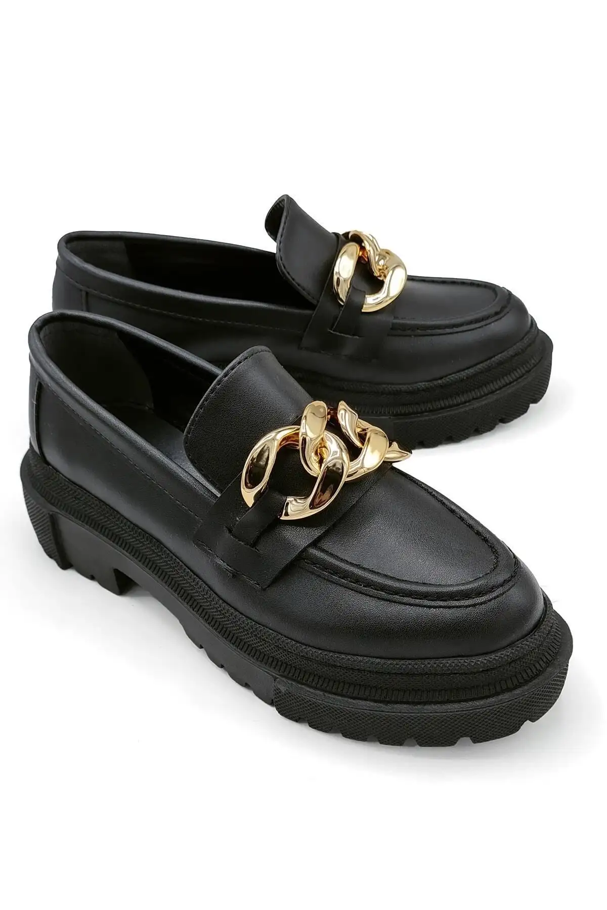 زنجیر مشکی زیره ضخیم کفش لوفر زنانه زنجیر طلا - 840 زنجیر مشکی زیره ضخیم کفش لوفر زنانه زنجیر طلا - 840