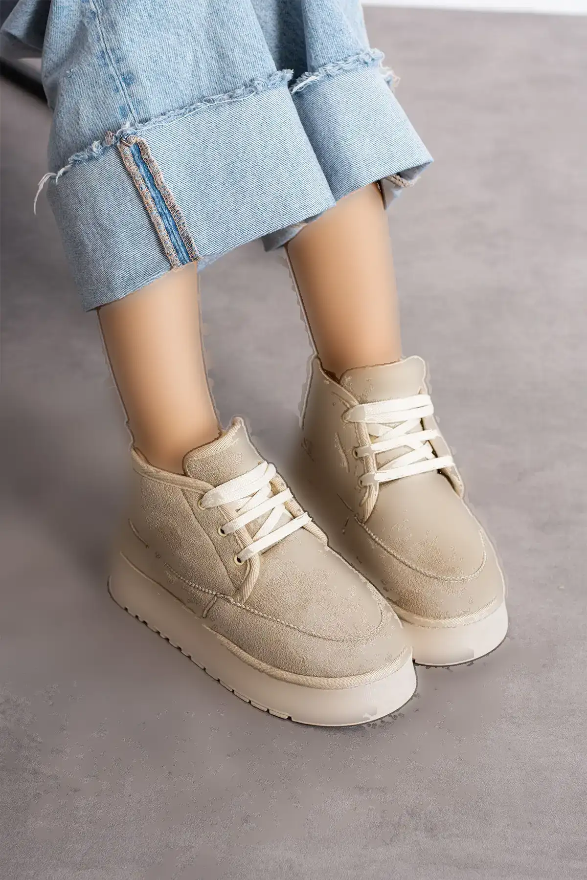 چکمه و چکمه میدی زنانه با اندود خز جیر بژ با کف ضخیم نیم بند - 108 چکمه و چکمه میدی زنانه با اندود خز جیر بژ با کف ضخیم نیم بند - 108