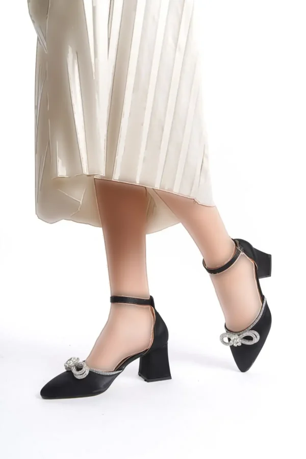 کفش پاشنه دار پاپیونی زنانه ساتن مشکی Rozza Bg1042-119-0019 - 431