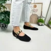 کفش‌های راحت پنجه بیضی شکل باله باله مشکی زنانه بالرین بند مرواریدی قابل تنظیم 379 - 790