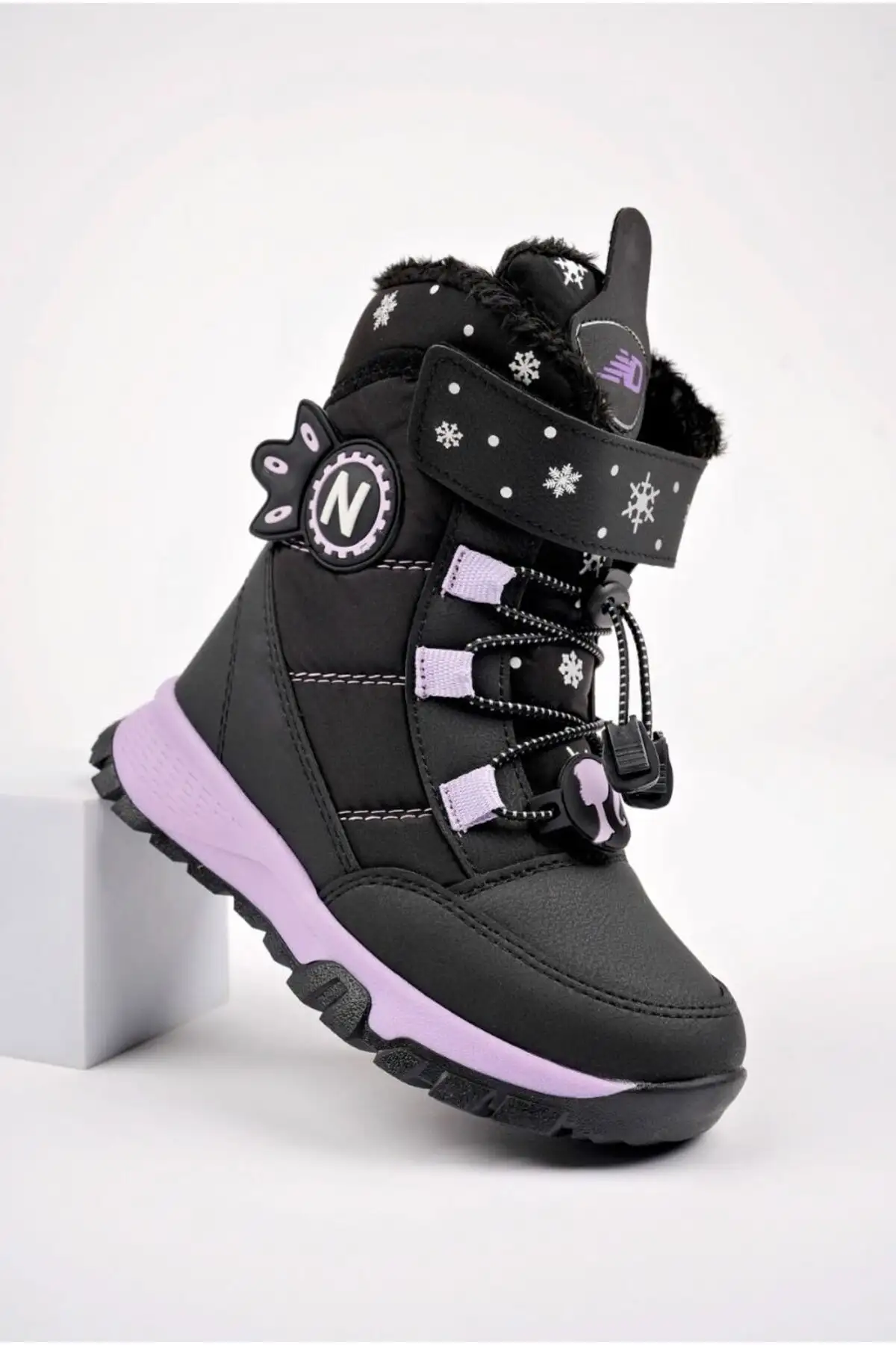 چکمه دخترانه خز یاسی مشکی - 170