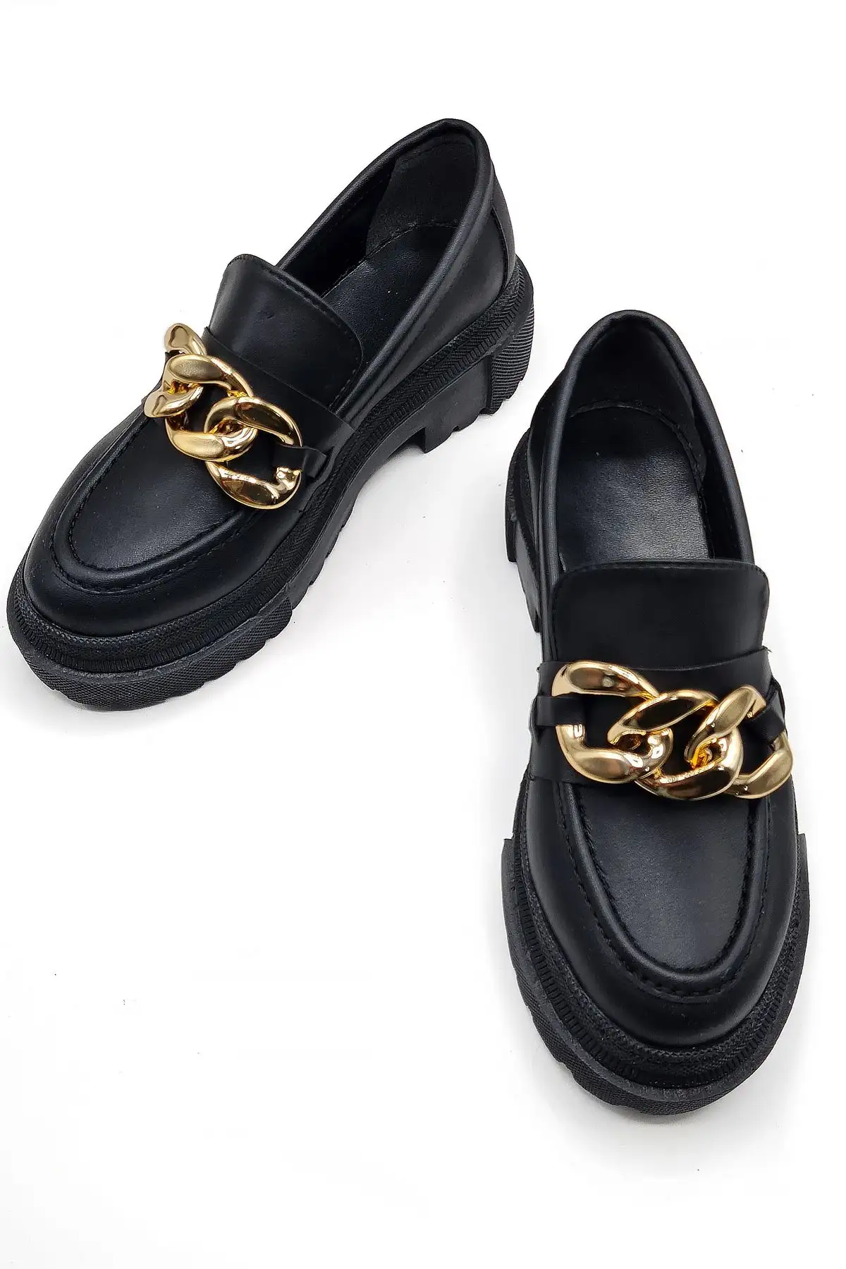 زنجیر مشکی زیره ضخیم کفش لوفر زنانه زنجیر طلا - 840 زنجیر مشکی زیره ضخیم کفش لوفر زنانه زنجیر طلا - 840