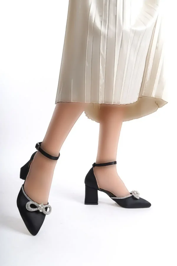 کفش پاشنه دار پاپیونی زنانه ساتن مشکی Rozza Bg1042-119-0019 - 431