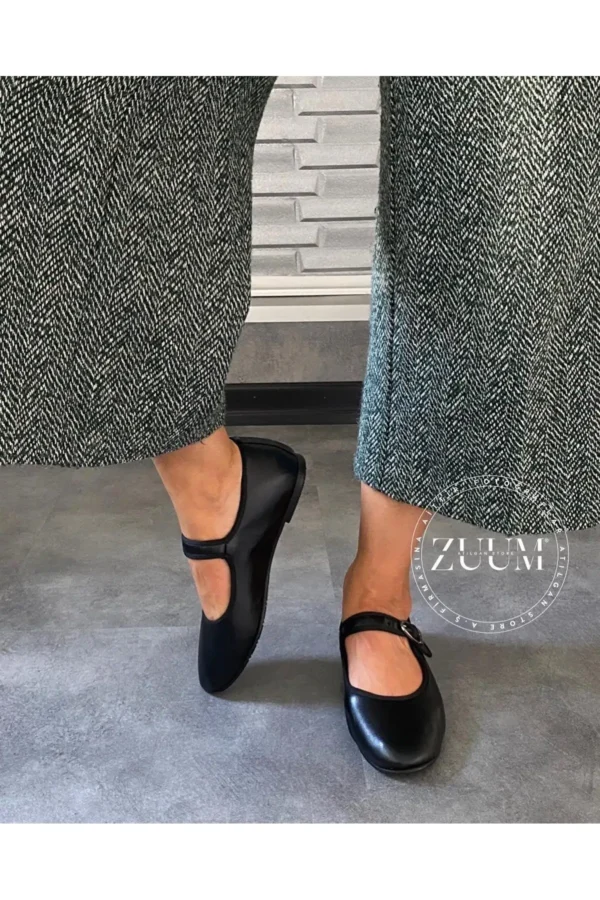 بیس مری جین بالرین بالرین تخت زنانه - چرم مشکی - 1290