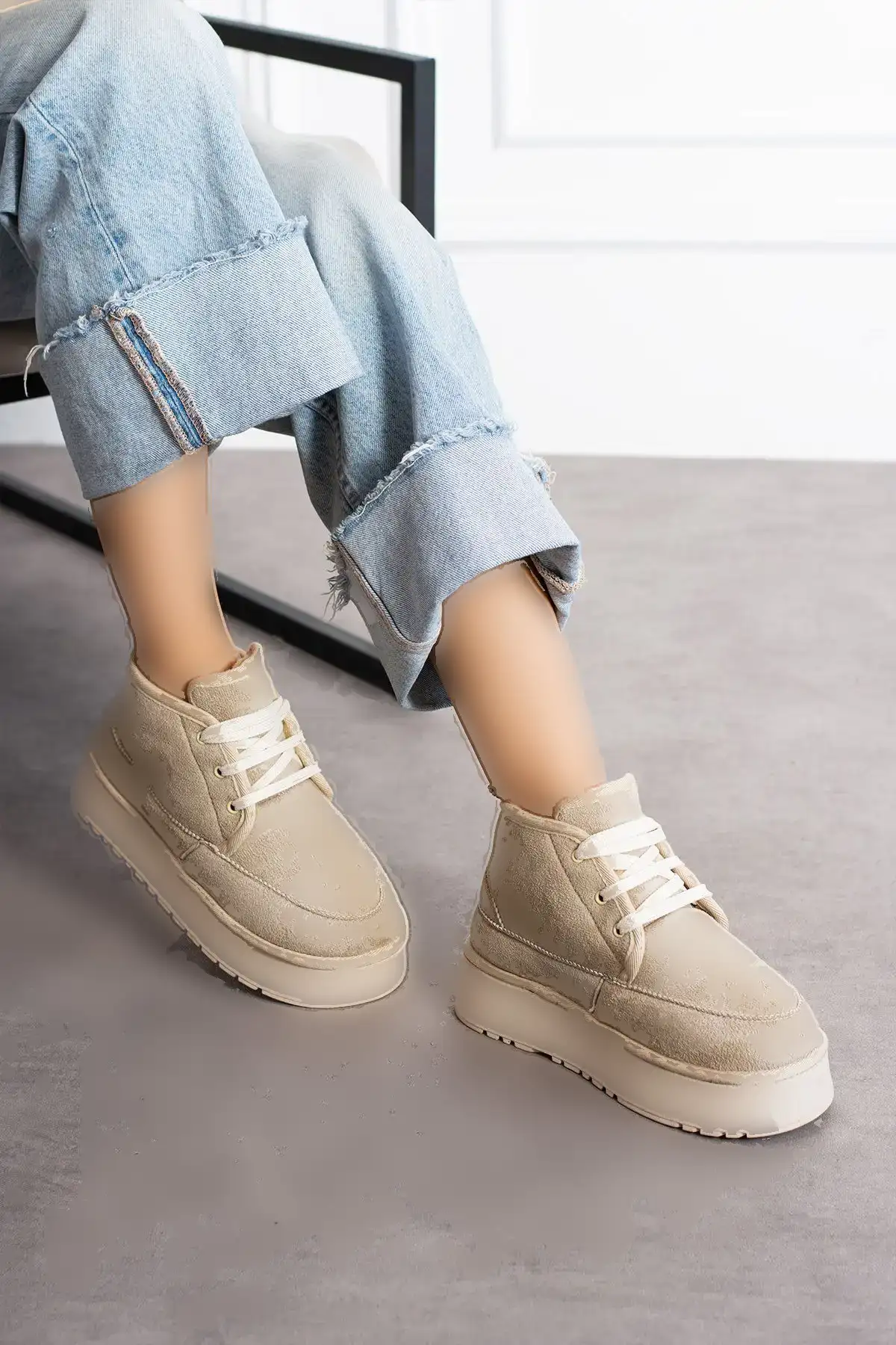 چکمه و چکمه میدی زنانه با اندود خز جیر بژ با کف ضخیم نیم بند - 108 چکمه و چکمه میدی زنانه با اندود خز جیر بژ با کف ضخیم نیم بند - 108