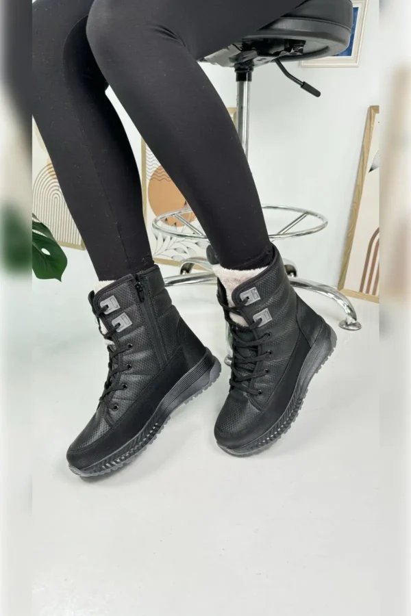 چکمه های برفی زنانه مشکی دودی Shearling زنانه بنددار زیپ دار راحت و راحت 815 - 1032