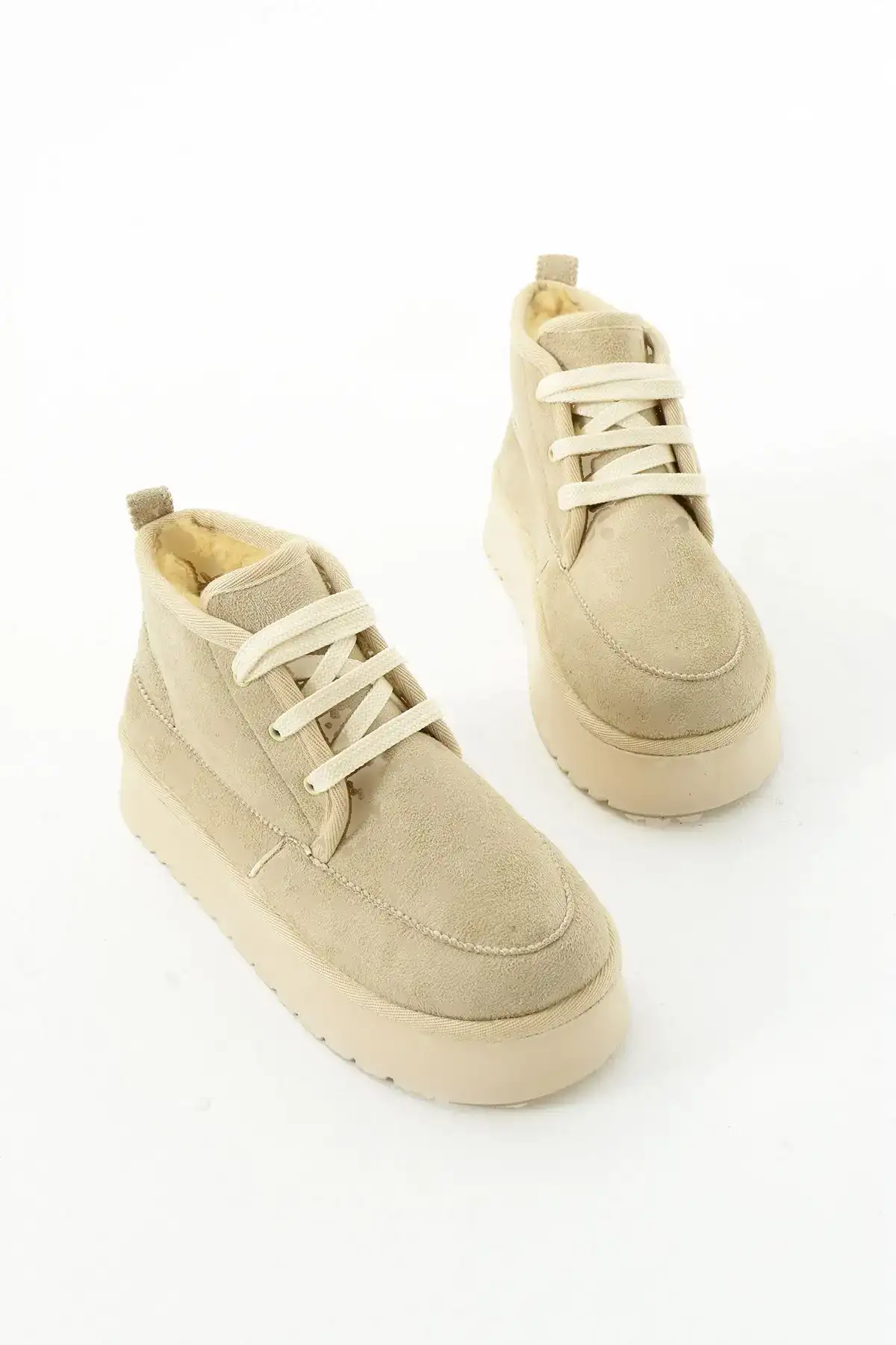 چکمه و چکمه میدی زنانه با اندود خز جیر بژ با کف ضخیم نیم بند - 108 چکمه و چکمه میدی زنانه با اندود خز جیر بژ با کف ضخیم نیم بند - 108