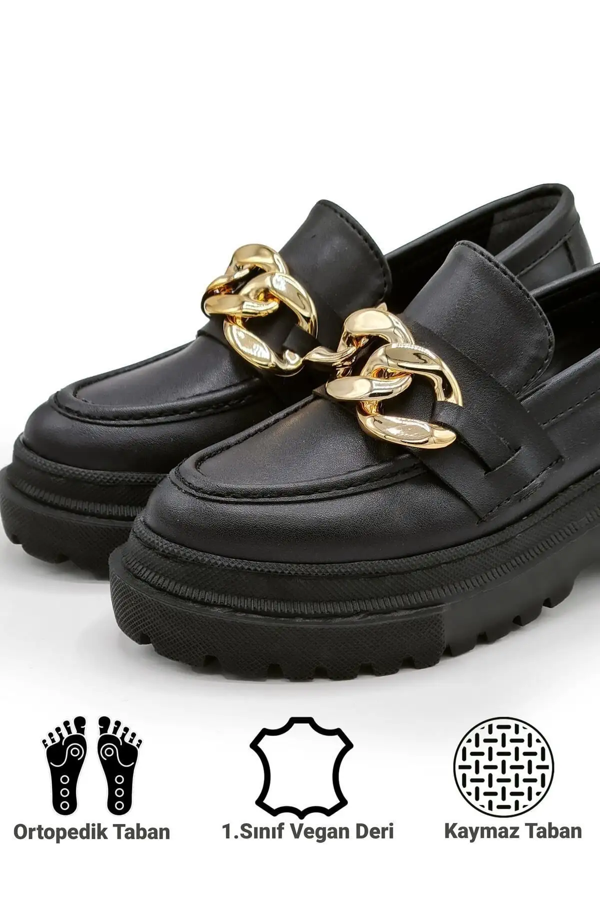 زنجیر مشکی زیره ضخیم کفش لوفر زنانه زنجیر طلا - 840 زنجیر مشکی زیره ضخیم کفش لوفر زنانه زنجیر طلا - 840