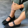 بیس مری جین بالرین بالرین تخت زنانه - چرم مشکی - 1290