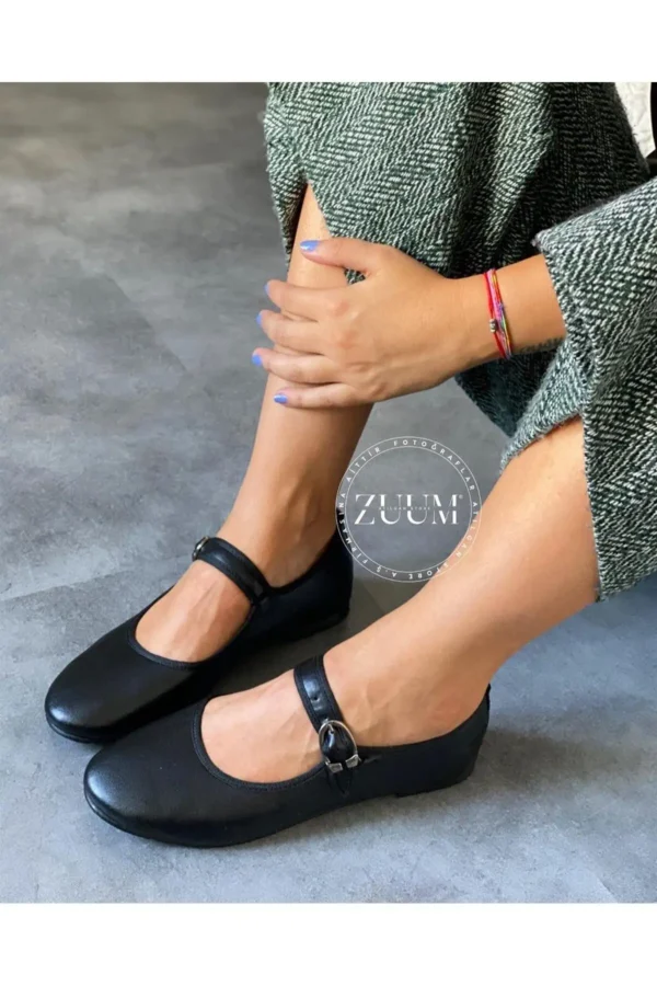 بیس مری جین بالرین بالرین تخت زنانه - چرم مشکی - 1290