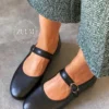 بیس مری جین بالرین بالرین تخت زنانه - چرم مشکی - 1290