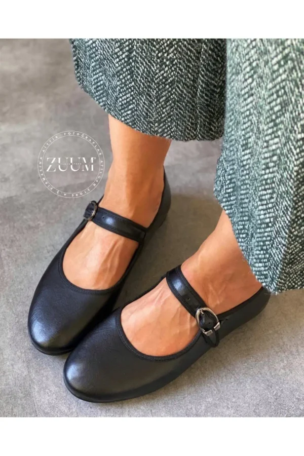 بیس مری جین بالرین بالرین تخت زنانه - چرم مشکی - 1290