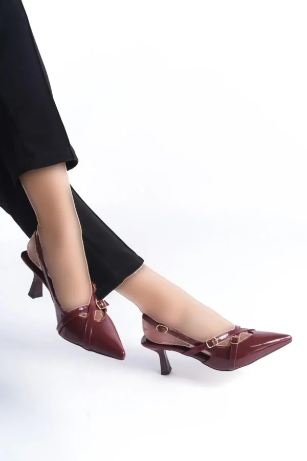 گیلاس قرمز Claret قرمز لاکی چرم نوک تیز سگک کفش پاشنه دار - 424