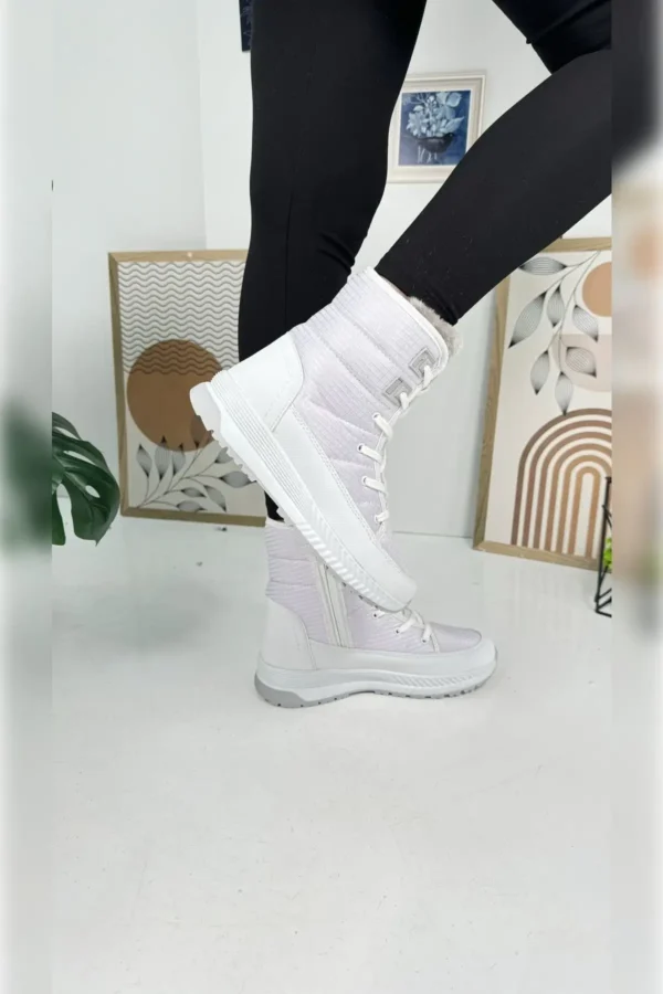 چکمه های برفی خزدار زنانه Daily White Bootie 815 - 1000 کف ضخیم زیپ دار بنددار