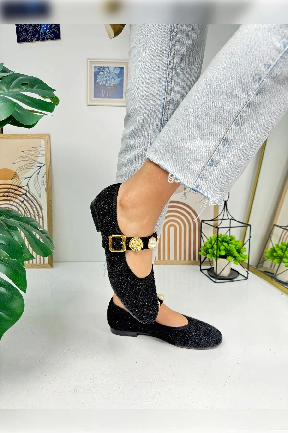 کفشهای راحت پنجه بیضی شکل باله باله مشکی زنانه بالرین بند مرواریدی قابل تنظیم 379 - 790 کفشهای راحت پنجه بیضی شکل باله باله مشکی زنانه بالرین بند مرواریدی قابل تنظیم 379 - 790