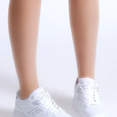 کفش کتانی زنانه سفید سفید مشکی زیره نواری تاپ بند دار - 359