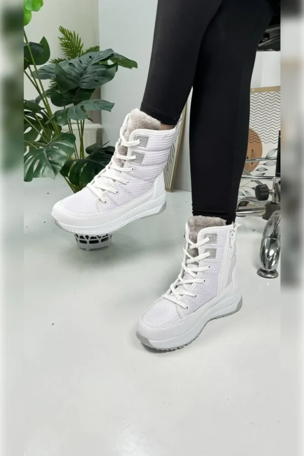 چکمه های برفی خزدار زنانه Daily White Bootie 815 - 1000 کف ضخیم زیپ دار بنددار