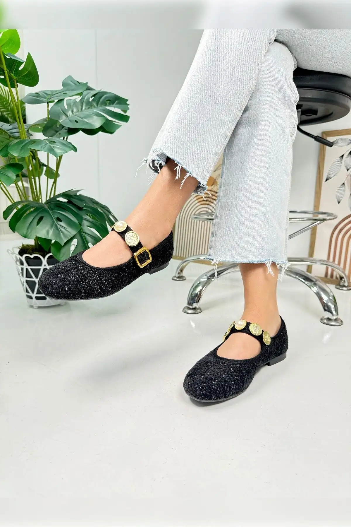 کفشهای راحت پنجه بیضی شکل باله باله مشکی زنانه بالرین بند مرواریدی قابل تنظیم 379 - 790 کفشهای راحت پنجه بیضی شکل باله باله مشکی زنانه بالرین بند مرواریدی قابل تنظیم 379 - 790