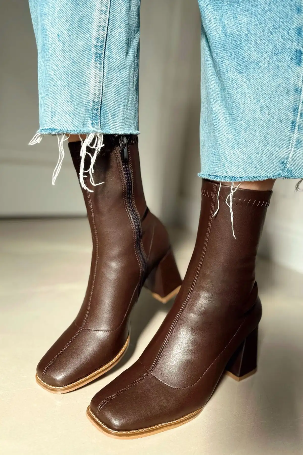 HARMONY PANHIFOR قهوه کشش پاشنه میانی زیپ با زیپ نابینا Boot Botie - 2395