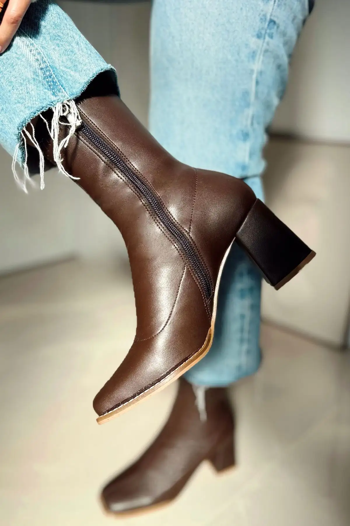 HARMONY PANHIFOR قهوه کشش پاشنه میانی زیپ با زیپ نابینا Boot Botie - 2395