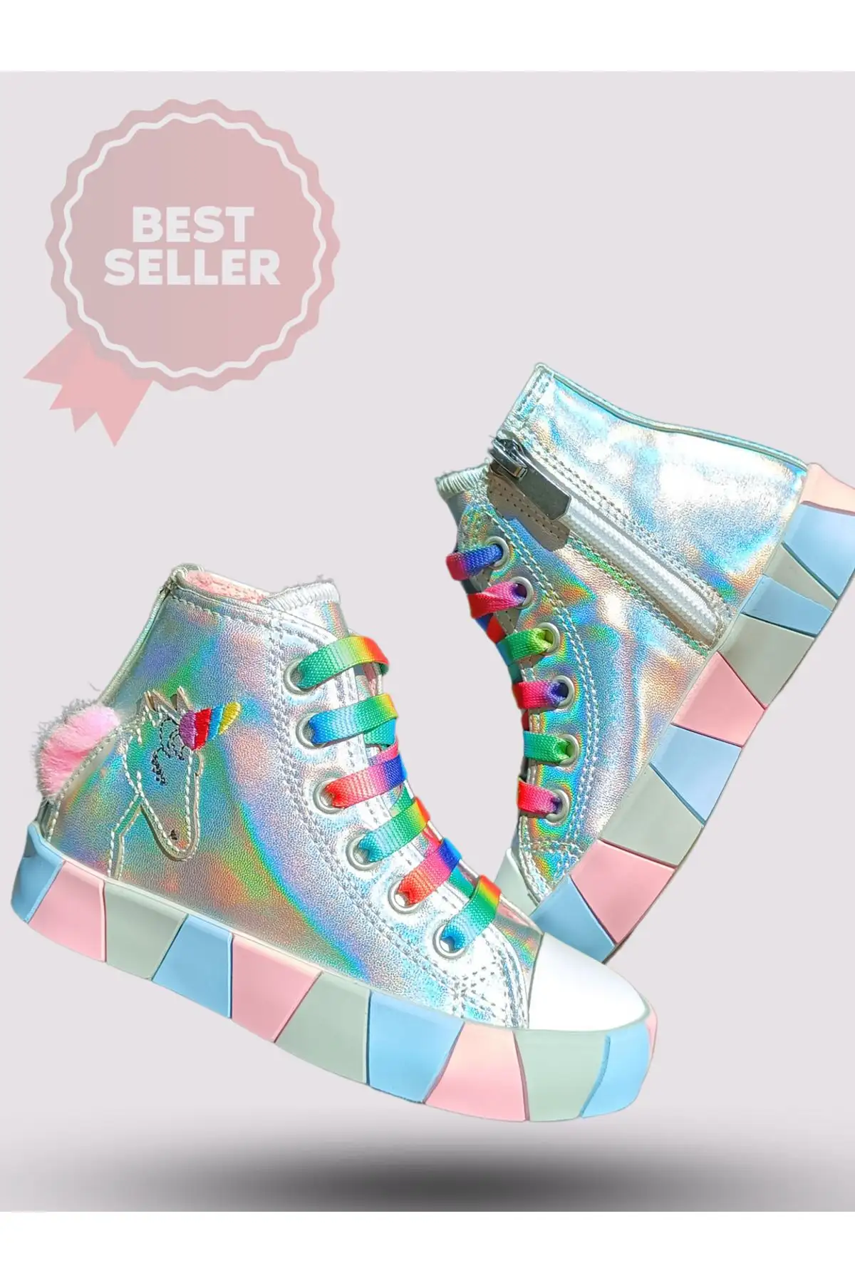 کفش کتانی دخترانه ارتوپدی درز جانبی هولوگرام تک شاخ - 1482