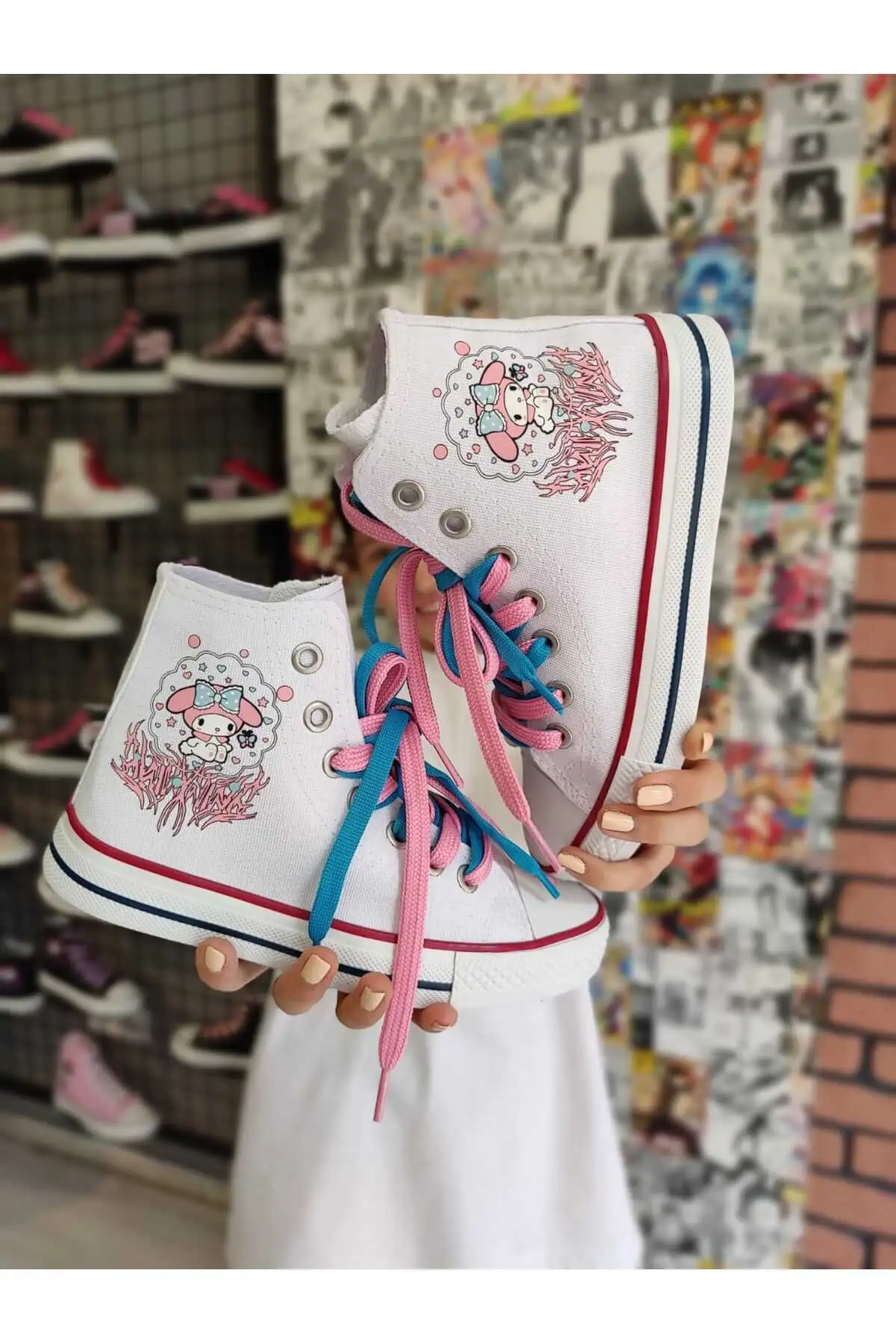 من ملودی پر حاشیه صورتی پرینت سفید کفش اسپرت بالا Snekaer - 1611 من ملودی پر حاشیه صورتی پرینت سفید کفش اسپرت بالا Snekaer - 1611