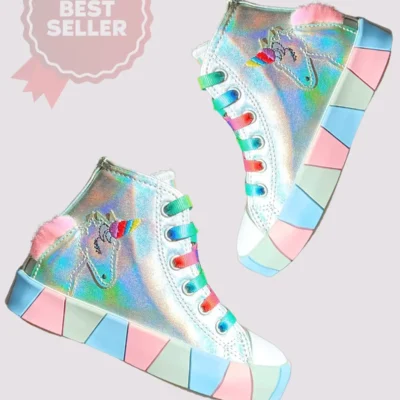 کفش کتانی دخترانه ارتوپدی درز جانبی هولوگرام تک شاخ - 1482