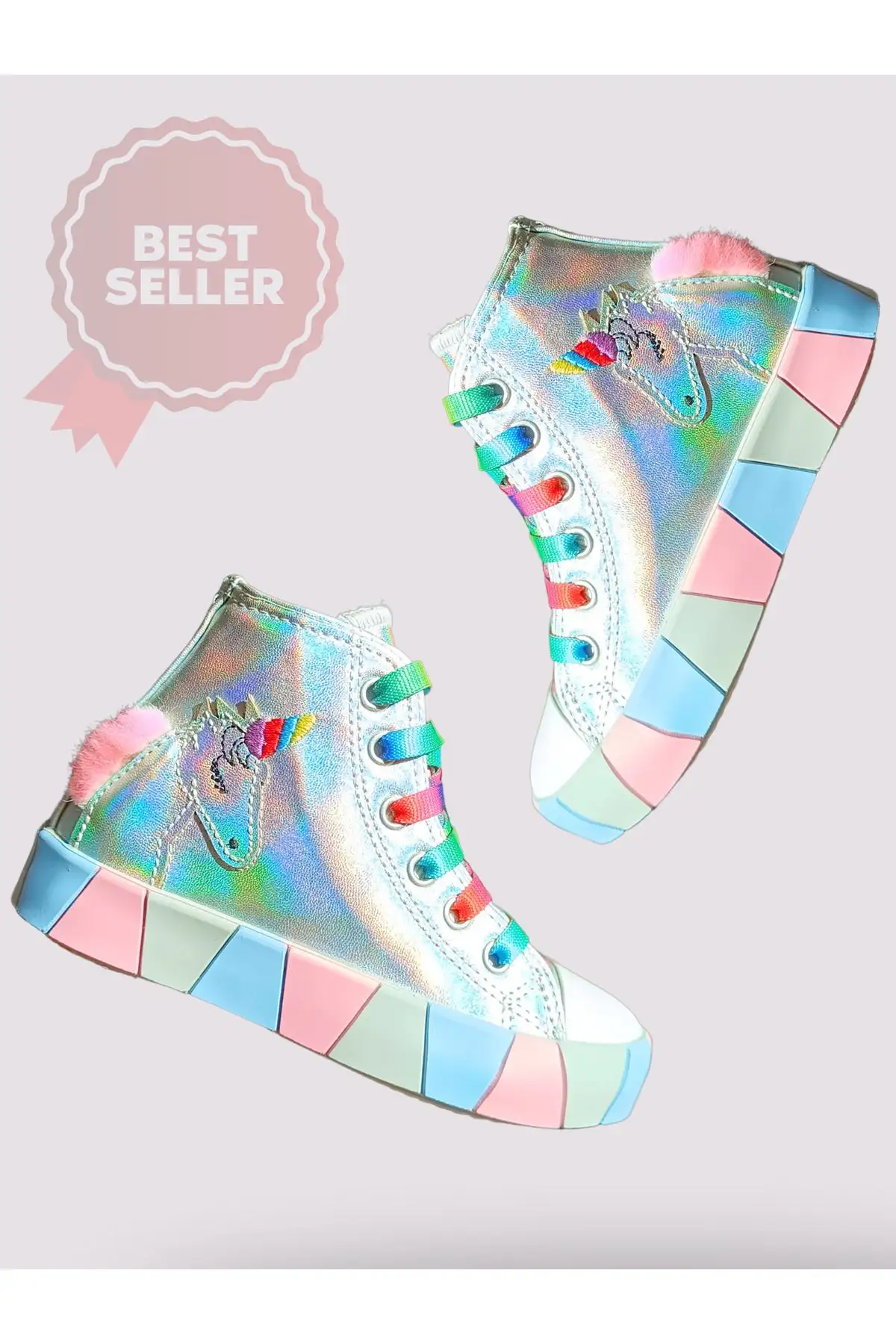 کفش کتانی دخترانه ارتوپدی درز جانبی هولوگرام تک شاخ - 1482