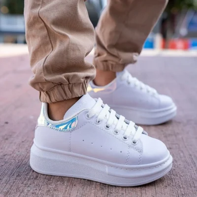 کفش ورزشی هولوگرام سفید دخترانه با کف ضخیم کفش ورزشی راحت - 1581