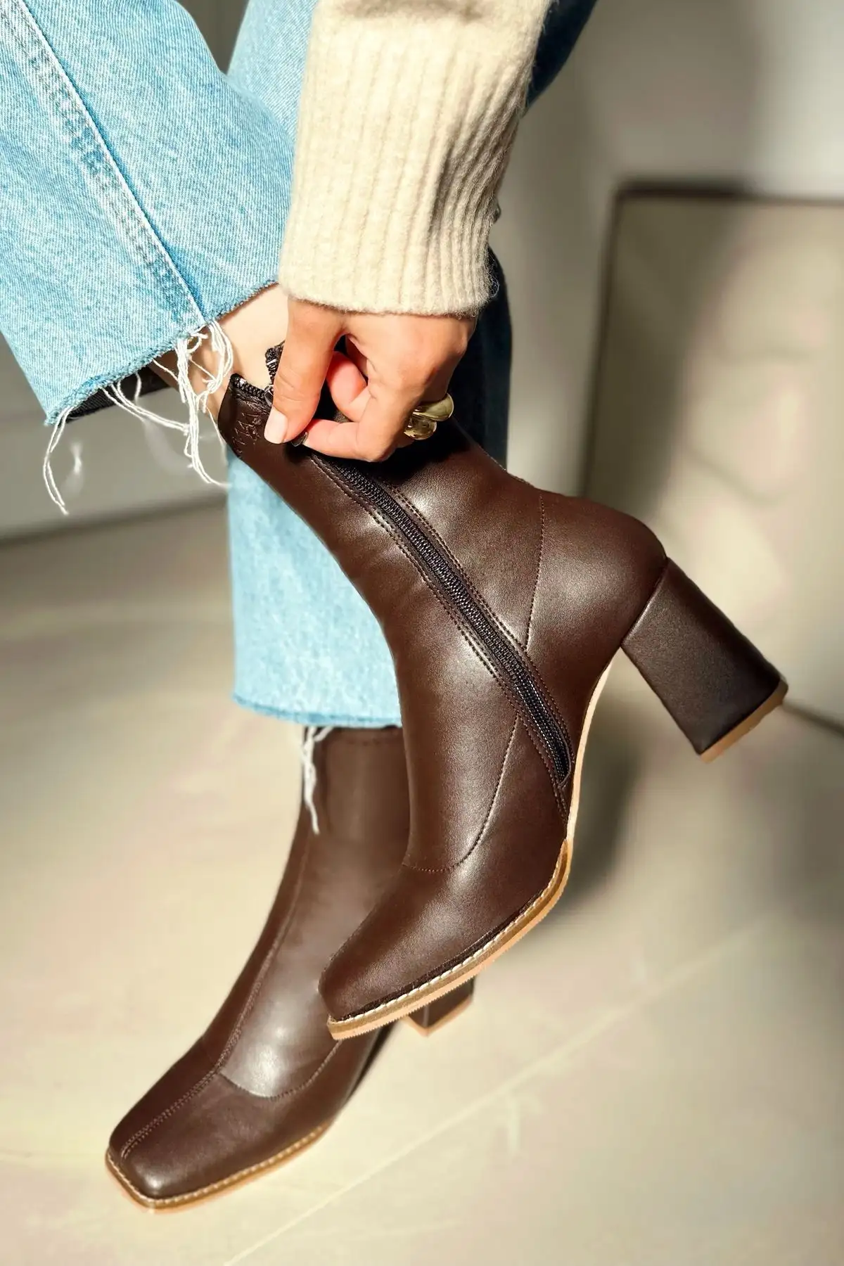 HARMONY PANHIFOR قهوه کشش پاشنه میانی زیپ با زیپ نابینا Boot Botie - 2395