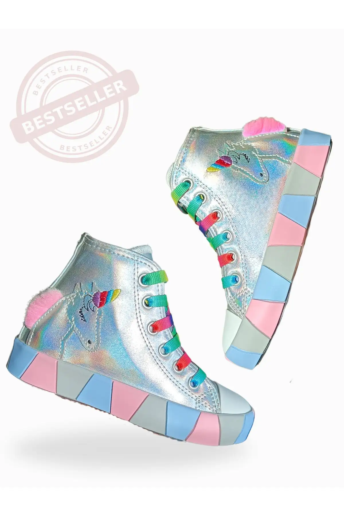 کفش کتانی دخترانه ارتوپدی درز جانبی هولوگرام تک شاخ - 1482