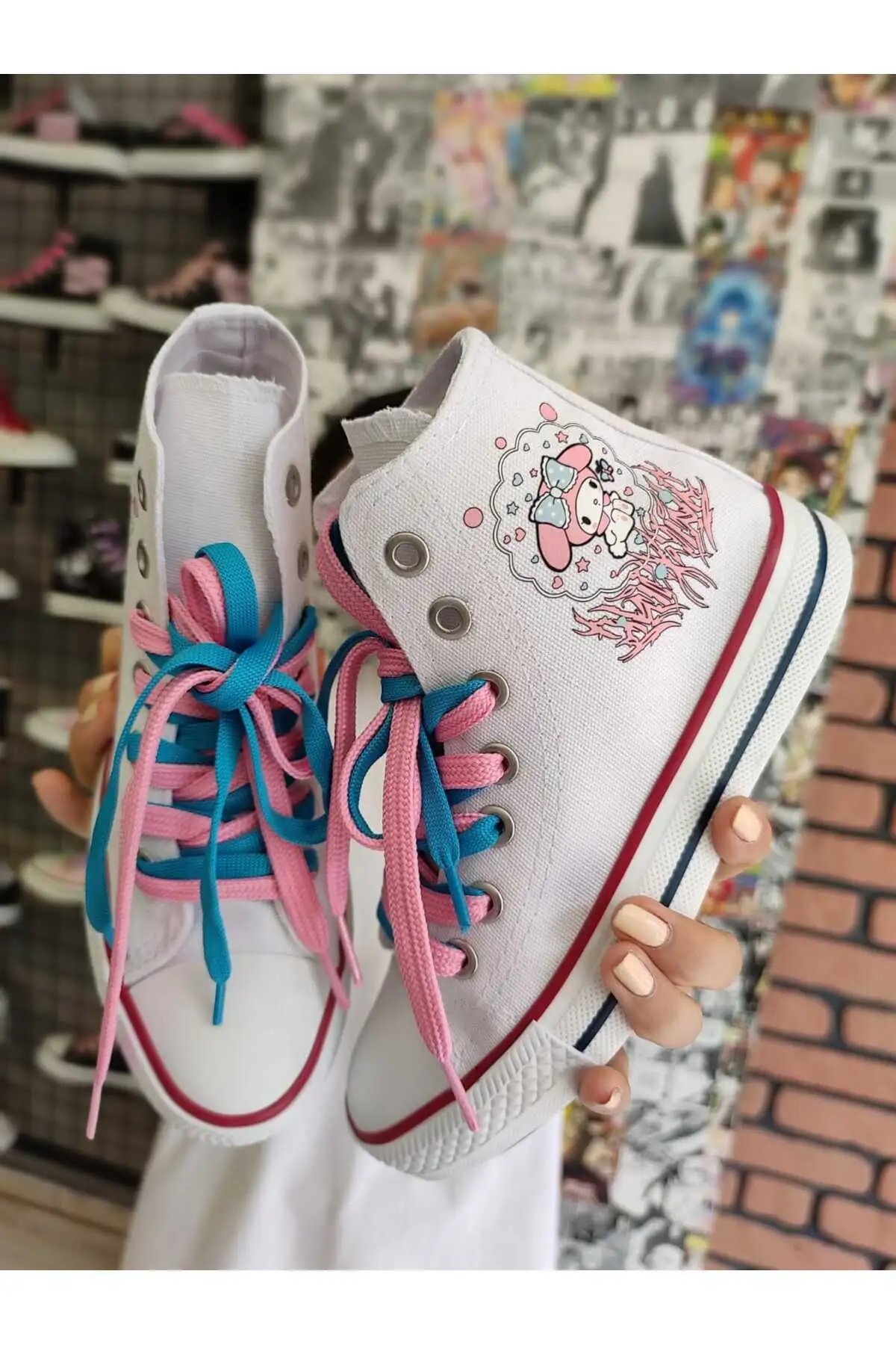 من ملودی پر حاشیه صورتی پرینت سفید کفش اسپرت بالا Snekaer - 1611 من ملودی پر حاشیه صورتی پرینت سفید کفش اسپرت بالا Snekaer - 1611