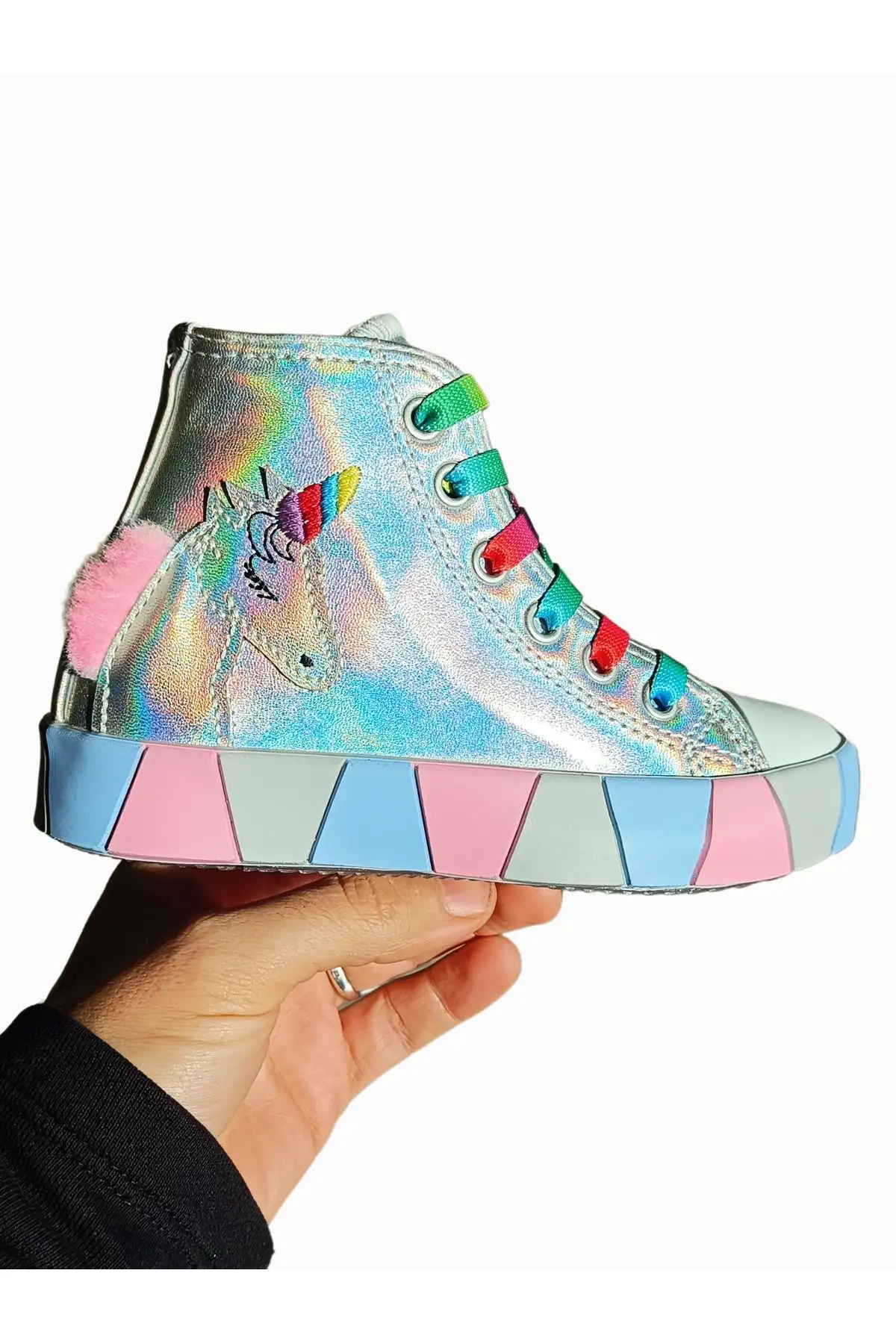 کفش کتانی دخترانه ارتوپدی درز جانبی هولوگرام تک شاخ - 1482