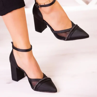 مولی سیاه ساتن سیاه کفش پاشنه دار ضخیم 7 سانتی متر. - 2501