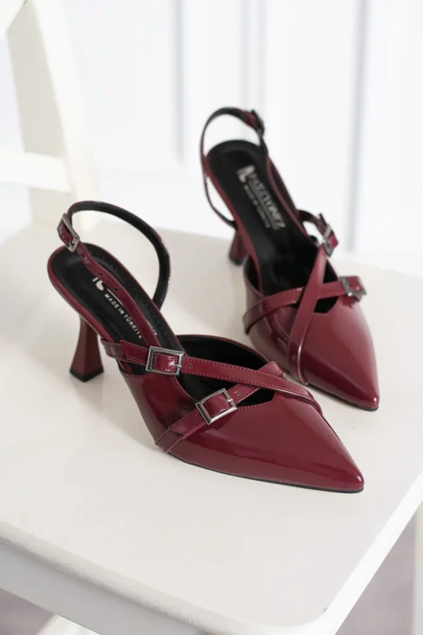 زن Bordeaux Leather Biyana Model Biyana Double Double Waped Cuckle Prounted Pressing Evening Sound Press Stiletto Shoes Classic Shoes - 2489