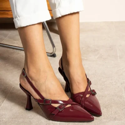 زن Bordeaux Leather Biyana Model Biyana Double Double Waped Cuckle Prounted Pressing Evening Sound Press Stiletto Shoes Classic Shoes - 2489