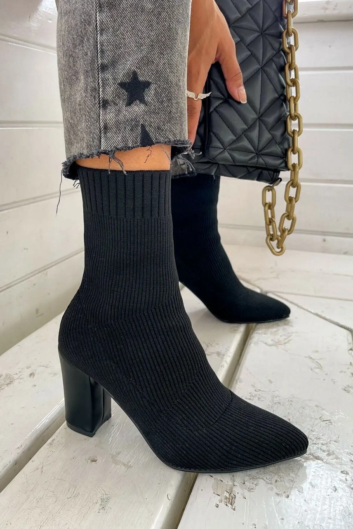 روزانه زنان سیاه و سفید Botie Triko ضخامت جوراب های کشش پاشنه بلند نوار کفش بینی 167 - 2601