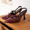 زن Bordeaux Leather Biyana Model Biyana Double Double Waped Cuckle Prounted Pressing Evening Sound Press Stiletto Shoes Classic Shoes - 2489