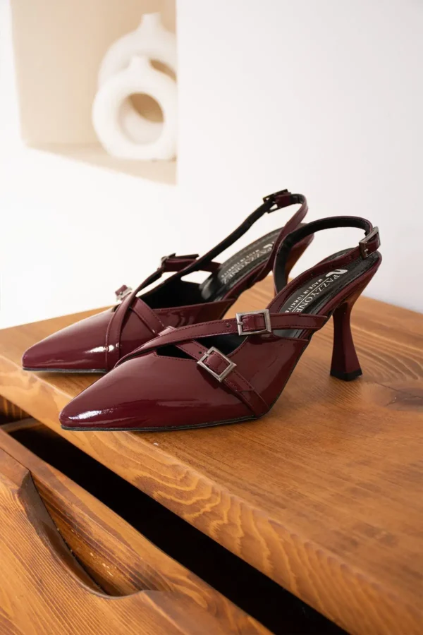 زن Bordeaux Leather Biyana Model Biyana Double Double Waped Cuckle Prounted Pressing Evening Sound Press Stiletto Shoes Classic Shoes - 2489