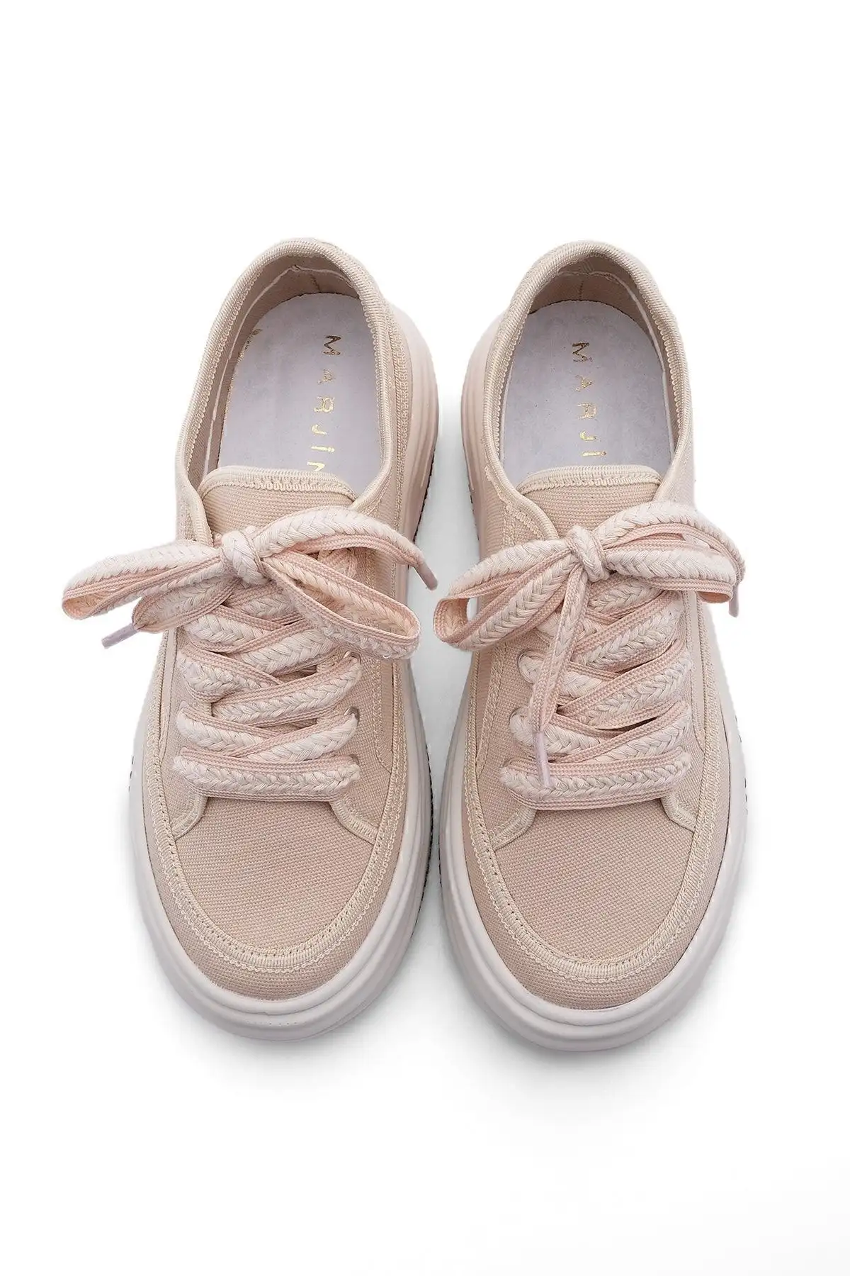 کفش ورزشی زنانه با زیره بلند و بنددار از جنس پارچه، رنگ بژ - 3165 کفش ورزشی زنانه با زیره بلند و بنددار از جنس پارچه، رنگ بژ - 3165