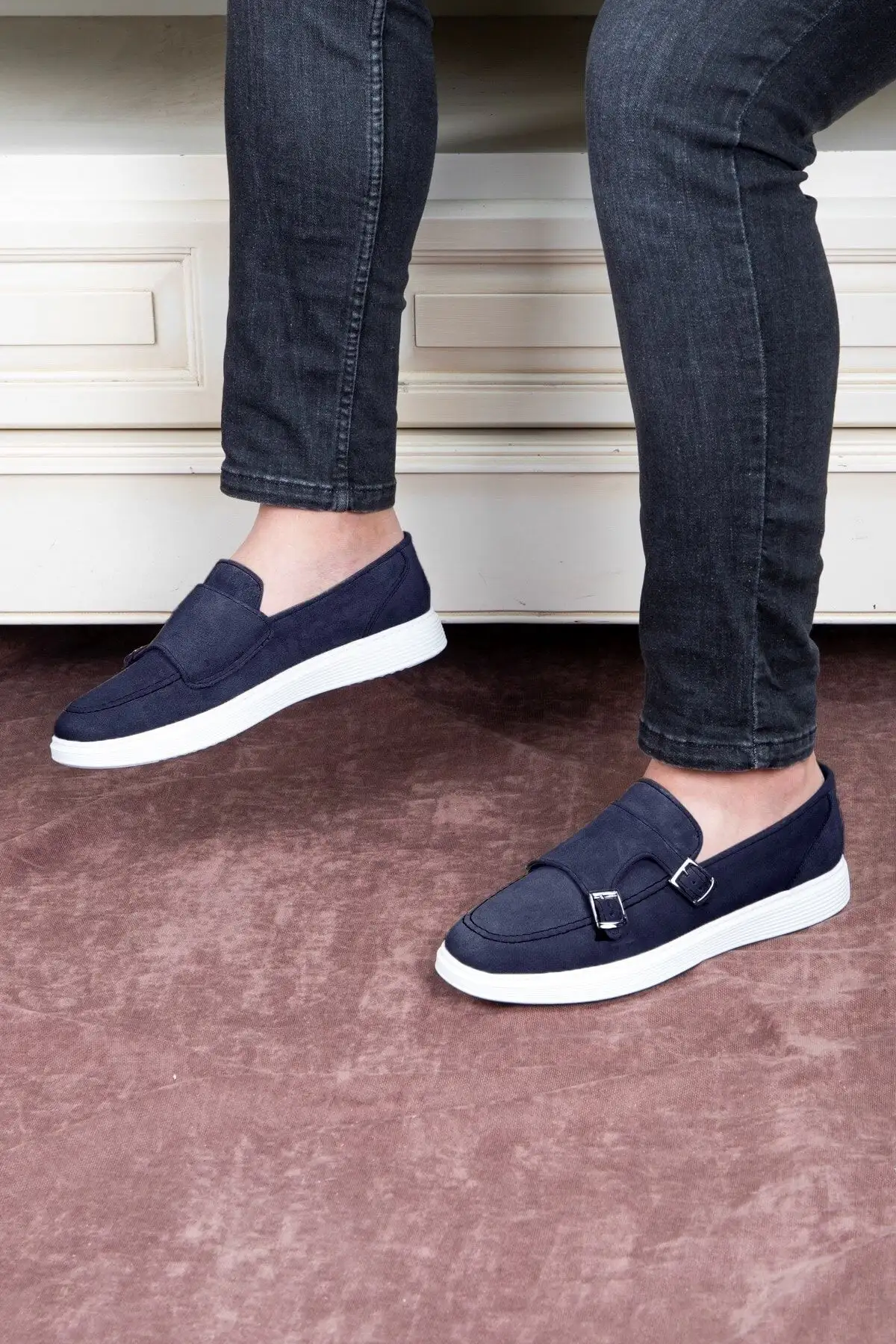 سایز بزرگ مردانه جاگیر گرانیت طبیعی چرمی مردانه، کفش لوفر سوئیدی، کفش تابستانی رنگ آبی تیره - 3515