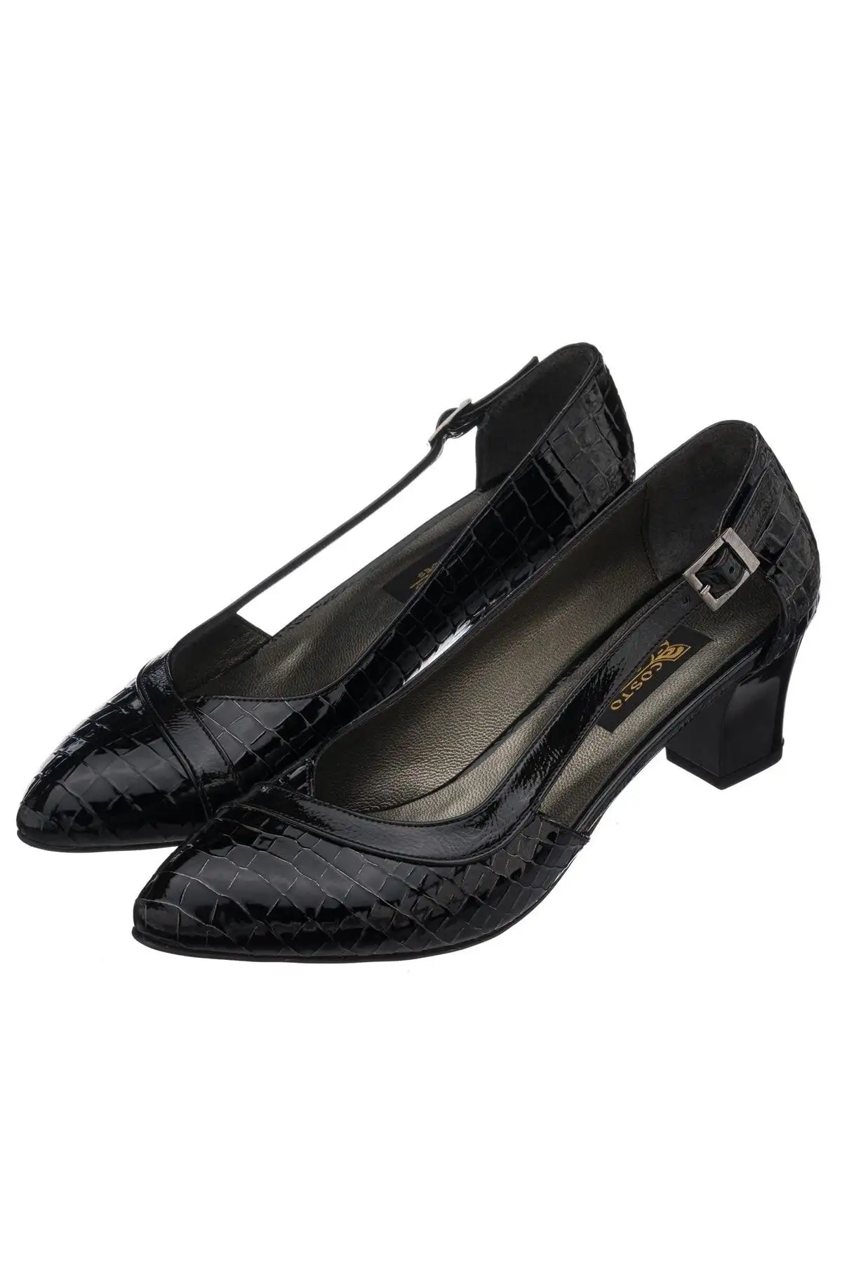 کفش پاشنه‌ بلند زنانه Ltf00151 پاشنه کوتاه راحت با طرح تمساح سیاه، ویژه برای مهمانی و استفاده روزمره با طراحی خاص. - 4349