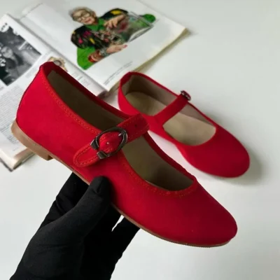 کفش مجلسی زنانه بالت بیس ماری جین - مخمل قرمز - 5438