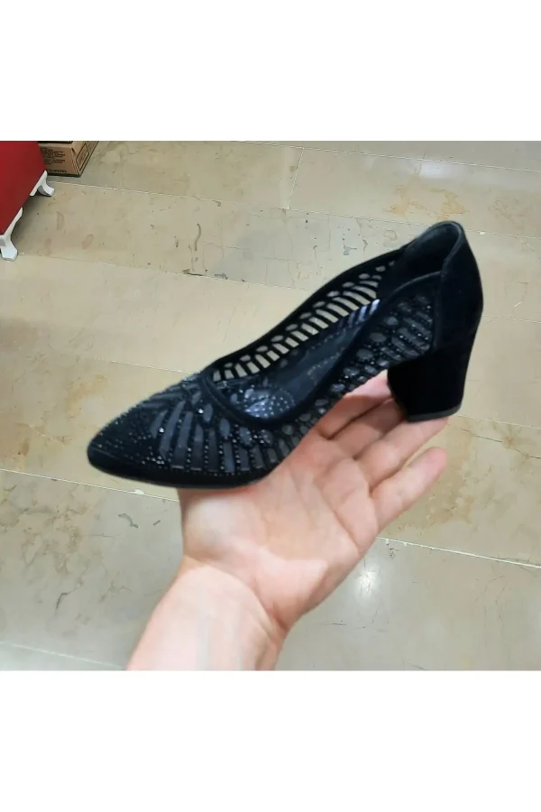 کفش پاشنه‌ بلند زنانه پاشنه کلاسیک با توری نرم و سنگ‌دار برای پاهای کج و استخوانی - 4303